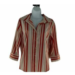 Hannah Button Up Shirt Blouse Womens Medium 3/4 Sleeves Striped Stretch Orange